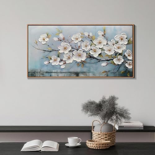 Anolyfi Framed Large Cherry Blossom Textured Flowers Wall Art for Living Room Canvas Painting, Modern Elegant Landscape Artwork for Bedroom Hallway Kitchen Office Home Decor, Wood Framed 40"x20" by Anolyfi