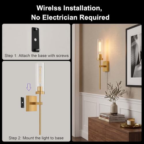 Wireless Wall Sconces with Remote Control, Brushed Gold Battery Operated Wall Sconce Set of 2, Dimmable Rechargeable Wall Decor Lights for Living room Dining room Bathroom Bedroom Hallway Stairwell - Image 4