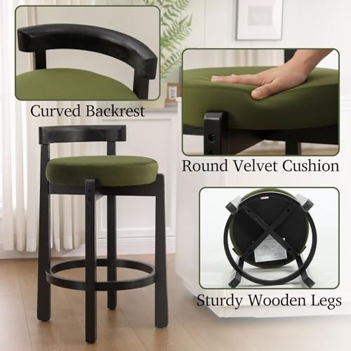 LukeAlon Mid Century Velvet Counter Stools Set of 2, Upholstered 26.5” Seat Height Low Barstools with Black Wood Legs Retro Round Kitchen Stools with Footrest for Dining Room Bar Coffee Shop, Green - Image 3