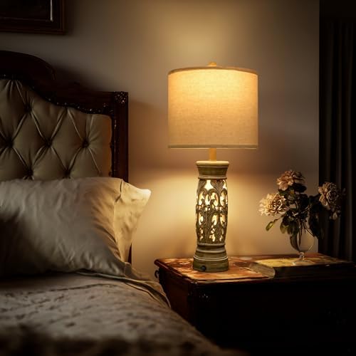 27.25”Farmhouse Table Lamps Set of 2 with Night Light, Rustic Bedside Lamp - Image 2