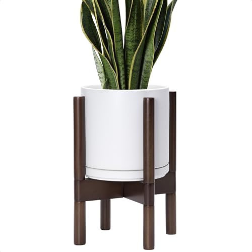 D'vine Dev Ceramic Pot with Walnut Wood Stand, White, 8 in, 55-B-Y-1 by DvineDevPlanterPotsandStand