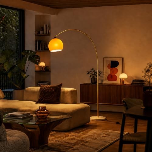 Mid Century Modern Orange Arc Floor Lamp,Gold Body,for Living Room - Image 6