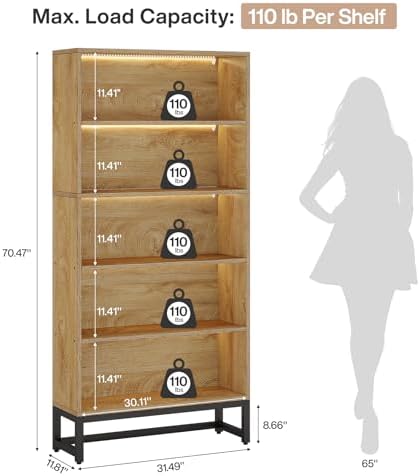 Tribesigns Tall Bookcase and Bookshelf, 70.8" Large Bookcases Organizer with LED Lights, Heavy Duty Free-Standing Library Bookshelf with 5-Tier Storage Shelves for Living Room, Bedroom (Brown) - Image 2