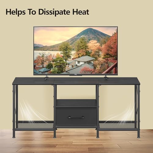 JARHETUN TV Stand with Fabric Drawer, Entertainment Center for 50 55 Inch TV, Industrial TV Console Table with Open Storage Shelves for Living Room, Bedroom, Black - Image 6