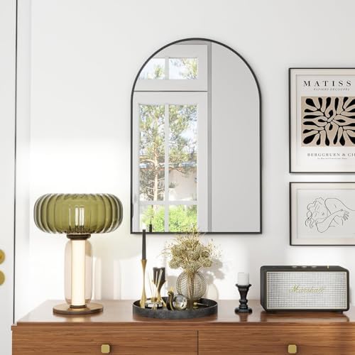 VooBang Arched Wall Mirror, 16 x 24 inch Arch Bathroom Mirror, Wall Mounted Vanity Mirror with Arch Metal Frame, Modern Bathroom Vanity Mirror for Bedroom, Living Room, Hanging or Leaning, Black - Image 2