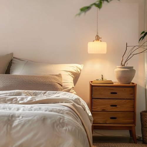Shenmoyl Pendant Light with White Striped Glass Lmapshade, Brass Vintage Pendant Light Adjustable Hanging Light for Kitchen Island Dining Room Hallway - Image 4