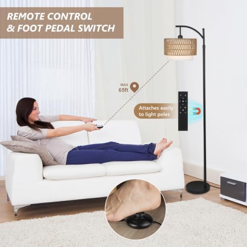 Arc Floor Lamp for Living Room with 3 Color Temperatures, Farmhouse Floor Lamps with Remote & Dimmable Bulb, Boho Standing Lamp with Rattan & Fabric Shades, Adjustable Tall Lamp for Bedroom, Office - Image 6