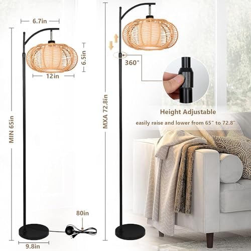 ZECOXOL Arc Floor Lamps for Living Room Bedroom Rattan Boho Floor Lamp with Remote Control,Dimmable Led Standing Lamp Wicker Lamp Shade Rustic Tall Floor Lamp Modern Flower Lamp for Bedroom Corner - Image 5