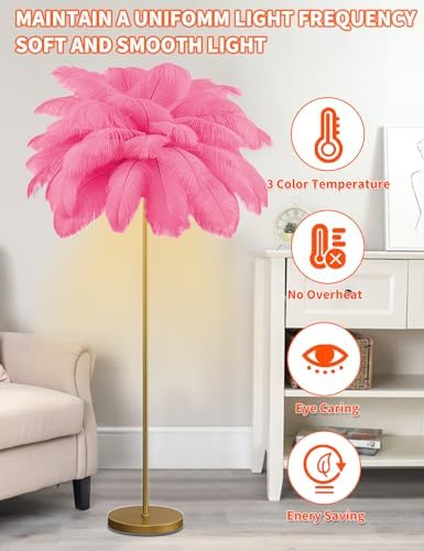 Feather Floor Lamp,Fluffy Ostrich Feather Floor Lamp for Bedroom,3 Color Temperatures Led Corner Modern Floor Lamps for Living Room Christmas Home Decor House Warming Gifts,63″ Height (Deep Pink) - Image 5