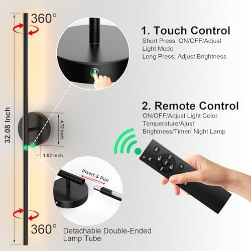 Tartek Battery Operated Wall Sconces Set of Two, Rechargeable Wall Lights with Remote Control, Dimmable 3000K-6000K LED Wall Lamp, 360°Rotate, Long Wireless Sconces for Living Room, Bedroom - Image 5