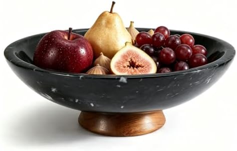 SAMAH Black Marble Fruit Bowl with Acacia Wood Pedestal, Large Decorative Marble Bowl, Natural Stone Fruit Bowl for Kitchen Counter, Entryway, Keys, Dining Table, House Warming Gifts New Home(11Inch) by SAMAH