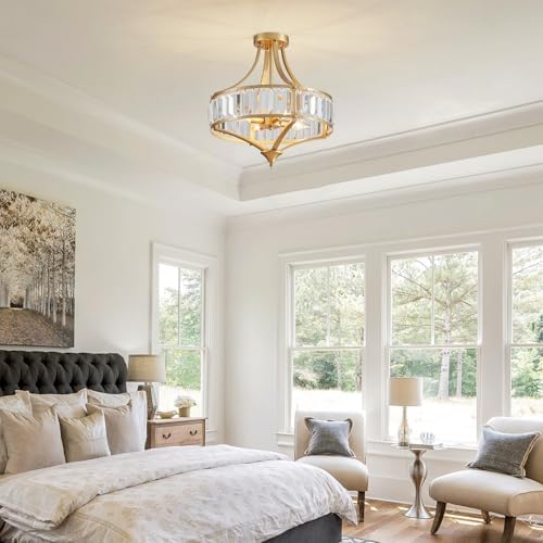 Modern Gold Crystal Chandelier 4 Lights Semi Flush Mount Ceiling Light Fixture E12 Base Farmhouse Mid Century Chandelier for Dining Room Bedroom Hallway Entryway Kitchen - Image 2