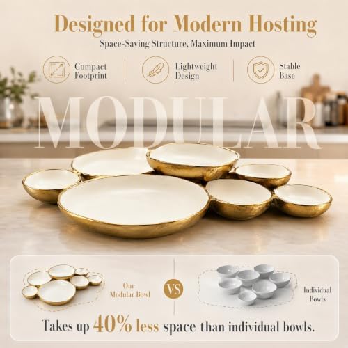 Gold Modular Bowl Set, Cluster Snack Serving Dish, Food Grade and Space Saving, Multi-Compartment Party Platter for Appetizers, Nuts, Wedding and Home Decor (White (1PCS)) - Image 5