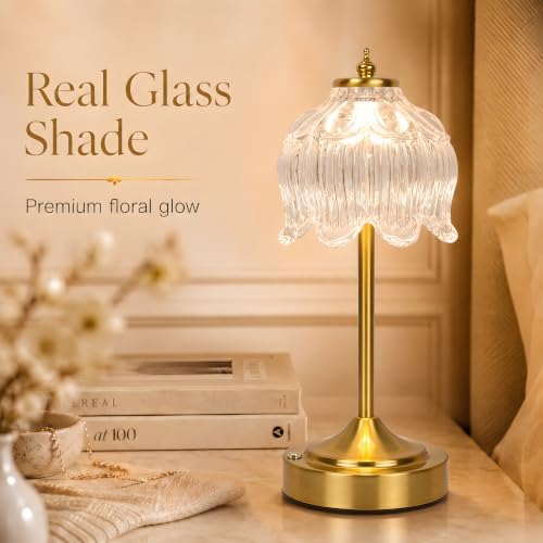 Lotus Flower Table Lamp, Cordless Rechargeable Amber Glass Bedside Lamp | 3600mAh Battery, Touch Control, 3 Color Modes & Stepless Dimming for Bedroom, Nightstand Clear White 1PC - Image 3