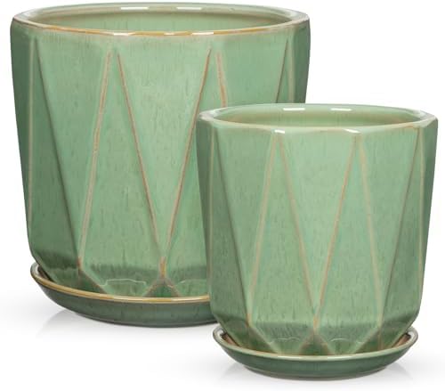 Ceramic Pots for Plants, 8+6 inch Plant Pots with Drainages Holes & Saucers by Oairse
