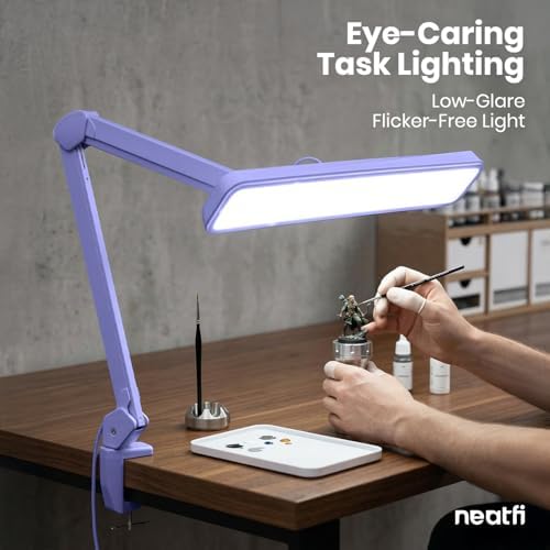 Neatfi XL 2,500 Lumens 30W LED Task Lamp for Manicure Table, Crafts, Workbench, Office – 22” Wide Shade Desk Light | Eye-Caring 6500K | 4-Level Brightness (Lavender, Non-CCT with Clamp) - Image 3