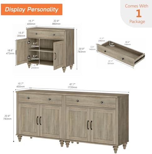 WAMPAT Modern Buffet Cabinet with 4 Doors and 2 Drawers, Wash Grey, 68 inch - Image 2