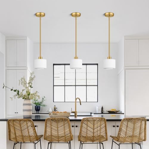 Milk Glass Pendant Lights Kitchen Island, 1-Light Modern Brushed Gold Hanging Light Fixtures with Rods, Mini Kitchen Pendant Lighting Over Island for Sink Bathroom, OS-YQ8153-1PBG - Image 4