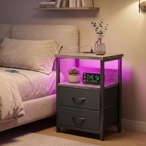 Fixwal Night Stand with Charging Station, Led Nightstand, 2 Fabric Drawers - Image 7