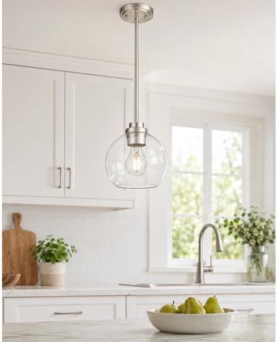 Pendant Lights Kitchen Island, 7" Modern Brushed Nickel Hanging Lights Fixtures with Clear Glass Globe Shade, Kitchen Island Lighting for Bathroom, AD-22280-1P-SN-C by Audickic