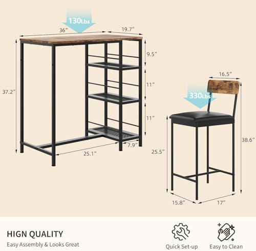 GarveeHome Bar Height Dining Table Set for 2, Space-Saving Pub Table - Image 4