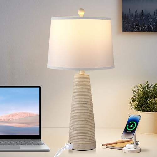 Terpsichore Nightstand Lamp Bedside Lamps Set of 2 Vintage Rustic Farmhouse Table Lamp 3 Way Dimmable Horizontal Stripe Light,for Living Room Bedroom,USB A+C (Pale Yellow, Hing 27 in) - Image 4