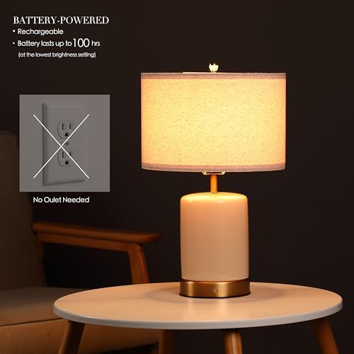 O’Bright Dune - Battery Powered Table Lamp, Rechargeable Cordless Ceramic Lamp, Full-Size 19.5 Inch Height, Dimmable, Smart Safety Protection, Type-C Fast Charging, LED Bulb Included, Cream White - Image 2