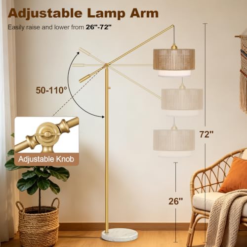 【Upgraded】Boho Dimmable Floor Lamp with Adjustable Swing Arm, 1100 Lumens Bulb Included, Modern Standing Lamp with Rattan & Fabric Shades, Tall Arc Floor Lamp for Living Room Bedroom, Gold, Heavy Base - Image 4