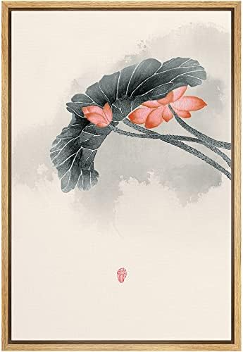 NWT Framed Canvas Print Wall Art Watercolor Chinese Style Red & Pink Lotus Flowers Nature Wilderness Illustrations Modern Art Rustic Colorful Pastel for Living Room, Bedroom, Office - 24"x36" Natural by NWT