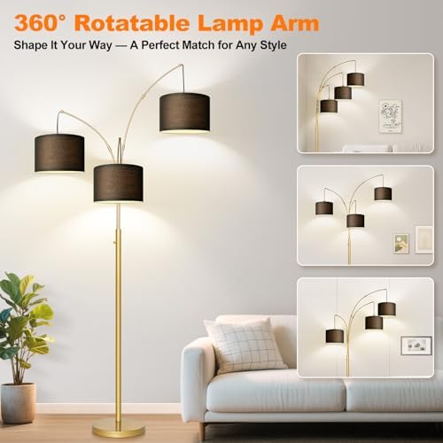 Dimmable Floor Lamp - 3 Lights Gold Arc Floor Lamps for Living Room, 1000LM Modern Tall Standing Lamp With Black Shades&Heavy Base, Mid Century Tree Floor Lamp for Bedroom Office, 3 LED Bulbs Included - Image 5