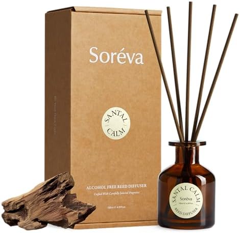 Soréva Hotel-Grade Reed Diffuser Set, Sandalwood Cedar Musk Scent, Plant-Based Oils, 120 Days Calm Home Fragrance for Bedroom Bathroom & Office, Gift Set with 7 Sticks, 4.39 fl oz by Sor%C3%A9va