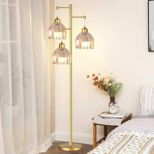 QIYIZM Gold Floor Lamp for Living Room,Bedroom,Tree 3 Light Standing Lamp Mid Century Modern Brass Tall Floor Lamps Vintage Retro Floor Lights Glass Flower Amber Lamp Shade Farmhouse Boho Bohemian - Image 6