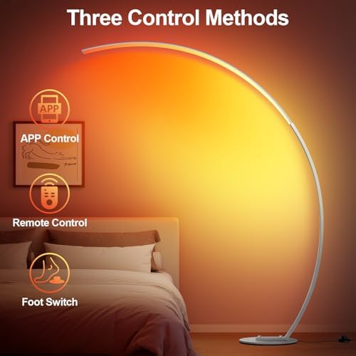 RGB Floor Lamp with 3 Color Temperatures, Ultra Bright 1800LM Smart Arc LED Floor Lamp with Remote Control, Music Sync, Scene Modes, Modern Standing Tall Lamp for Bedroom Living Room-Brushed Nickel - Image 5