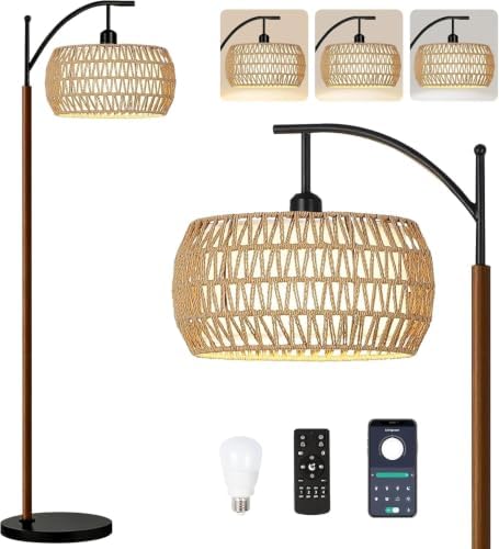 ILLMTW Boho Floor Lamp for Living Room,Bedroom,Rattan Standing Lamp with Remote Dimmable,Wood Vintage Mid Century Modern Tall Lamp Wicker Lamp Shade Floor Lights Bohemian Tiffany Style by IlluminateTheWorld