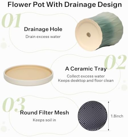 10 Inch Ceramic Planters with Drainage Hole and Saucer,Indoor Outdoor Large Flower Pots, Garden Pot for Plant Lovers (Wave Green) - Image 4
