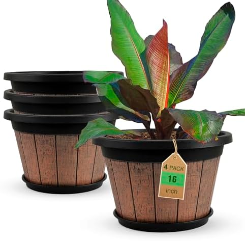 4 Pack 16 inch Plant Pots,Whiskey Barrel Planters with Drainage Holes by Quarut