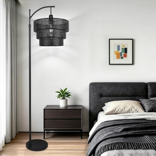 AHDWDW Arc Floor Lamp for Living Room Bedroom,Mid-Century Modern Floor Lamps with Remote,Black Dimmable Standing Tall Lamp for Corner Office,3-Tier Drum Metal Lampshade with Forest Tree Design - Image 7