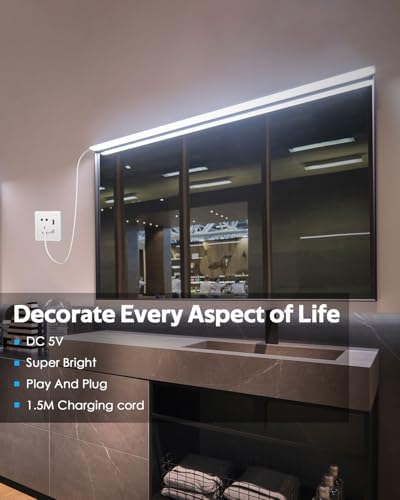 5V USB COB LED Light Strip with Dimmer 3.3FT Daylight White LED Rope Lights Indoor Tunable 6000K Super Density 320LEDs/M IP67 Waterproof LED Tape Light for Bedroom TV Backlight Mirror Decor - Image 6