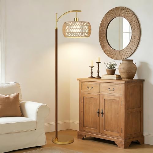 AHDWDW Arc Gold Floor Lamp for Living Room with Remote,Farmhouse Boho Floor Lamps with Timer,Rustic Standing Lamp with Hand-woven Rattan Wicker Shade and Fabric,Adjustable Tall Lamp for Bedroom,Corner - Image 5