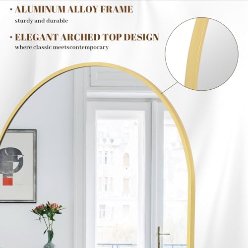 Koonmi 34"x76" Arched Full Length Mirror, Gold Large Floor Mirror with Aluminum Alloy Frame, Standing, Hanging or Leaning Wall-Mounted Vanity Mirror for Living Room and Bedroom - Image 3