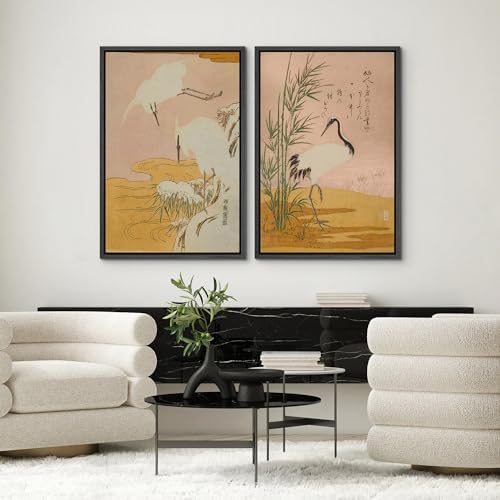 SIGNWIN Framed Canvas Print Wall Art Set Japanese Crane Vintage Style Bird and Bamboo Illustrations Modern Art Rustic Minimal for Living Room, Bedroom, Office - 16"" x24 x2 Black - Image 2
