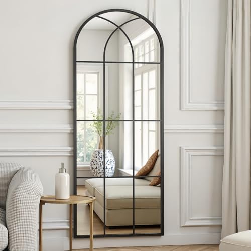 Dewfig Arched Full Length Mirror, 71"x 32" Windowpane Floor Mirror, Black - Image 2