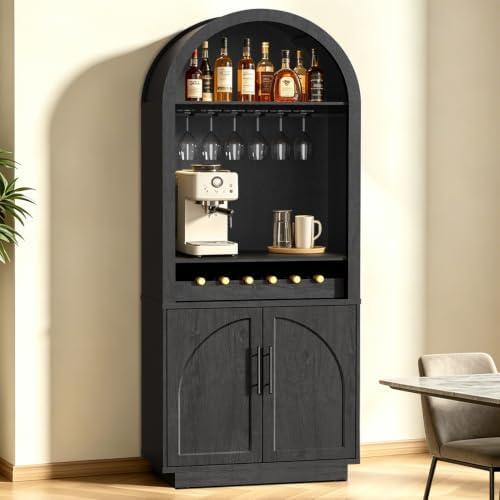 Fatmok Modular Coffee Bar with LED Lighting,Charging Station,Arched Wooden Buffet Sideboard,Modern Liquor&Wine Display Storage Cabinet for Living Room,Black Grey(FA,2-Piece) - Image 3
