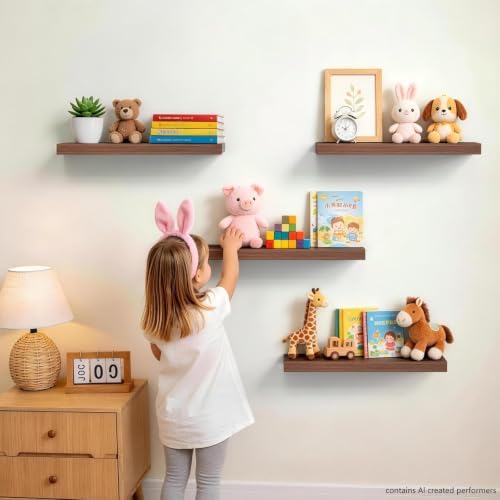 BAYKA Floating Shelves for Wall, Wall Mounted Rustic Wood Shelves for Bathroom, Bedroom, Living Room, Kitchen,Small Hanging Shelf for Books/Storage/Room Decor (Walnut-Like, Set of 3, 15.7in) - Image 6