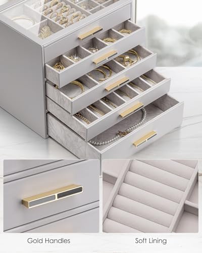 VLANDO 5 Layer Jewelry Box for Women, Glass Lid Jewelry Organizer with 5 Drawers for Necklaces Rings Earrings Bracelets - Grey - Image 5