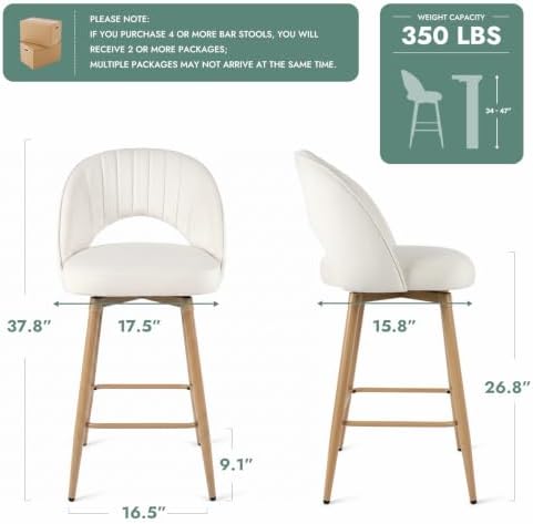 Swivel Bar Stools Set of 3, Counter Height Barstools for Kitchen Island, 26" Seat Height Bar Chairs for Dining Room, Velvet Upholstered Bar Stool with Back and Footrest, White - Image 2