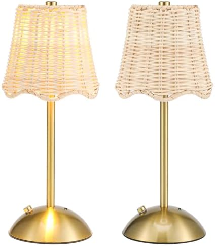 12 Inch Rattan Cordless Table Lamp, Without Bow, Gold, 2 Pack by Unknown