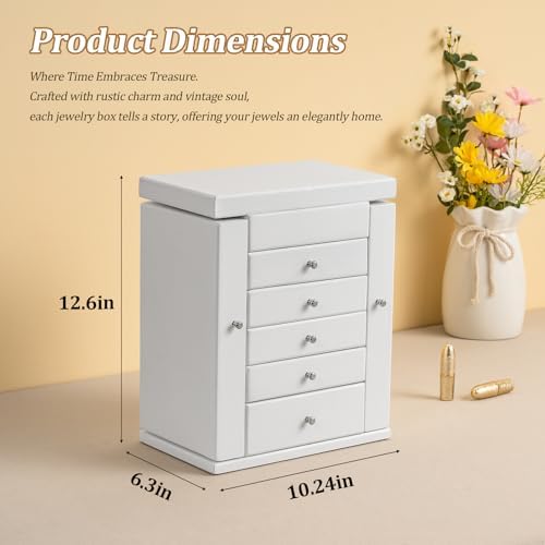 Emfogo Wooden Jewelry Box for Women, 6-Tier Large Jewelry Organizer Boxes with Mirror Rustic Solid Wood jewlery Storage for Rings Earrings Necklaces Bracelets watches(White) - Image 2