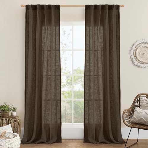 LAMIT Dark Brown Linen Boho Sheer Curtains 84 inch Length 2 Panels by LAMIT