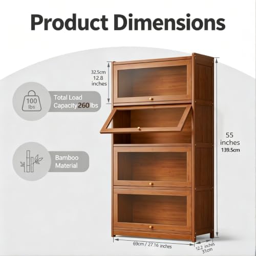 55" Bamboo Bookcases,Book Shelfs with Acrylic Doors,Freestanding Display Storage Shelves for Collectibles,4 Tier Tall Bookshelfs & Bookcases for Living Room Bedroom Home Office - Image 2